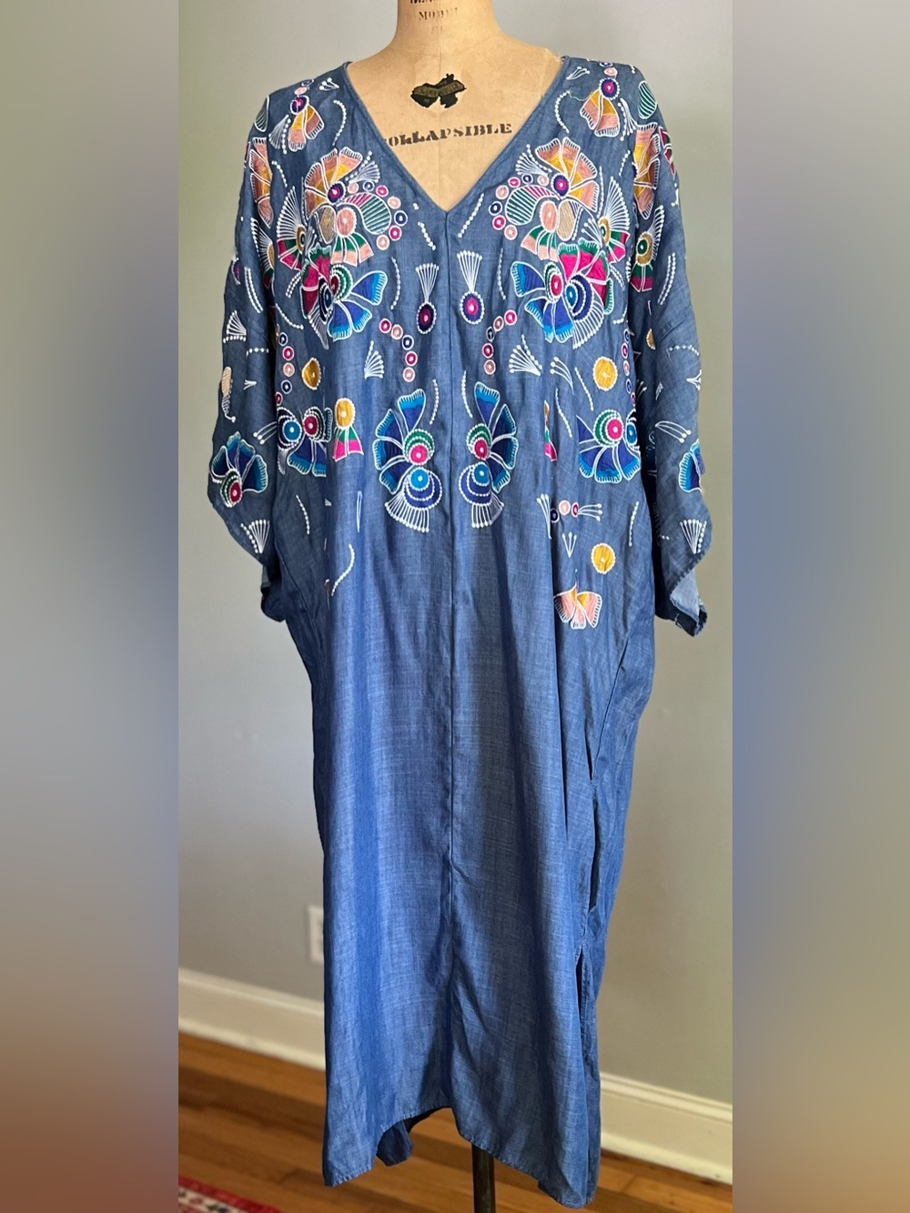 Zara Boho Embroidered Blue Kaftan Kimono Dress S-M